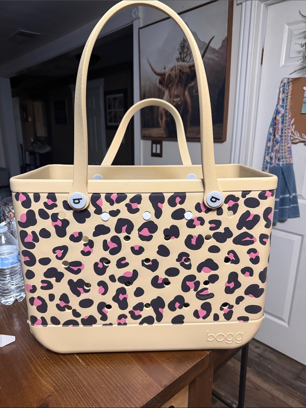 BOGG BAG Beige Leopard-Print Tote with Pink and Black Spots
